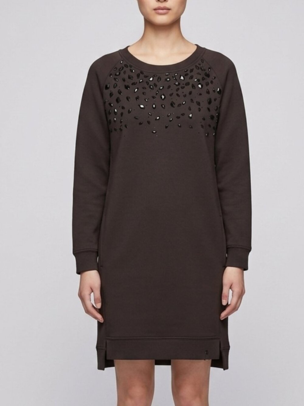 Rudsak Black Shift Sweatshirt Dress with Gemstone Cluster Embellishments